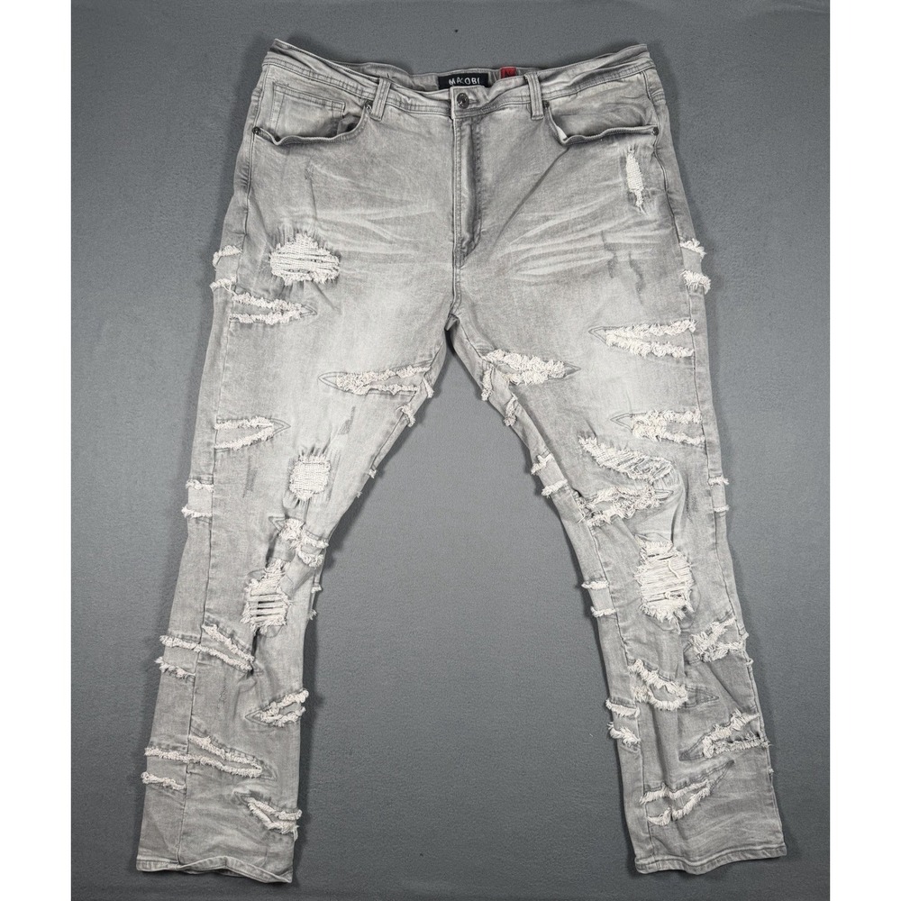 Makobi Mens Light Gray Distressed Rip Repair Slim Stretch Jeans Size 44x32 M1956
